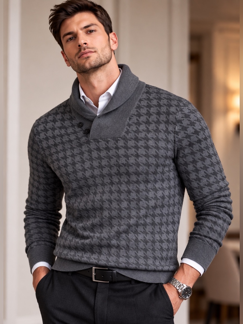 BOSS Hugo Boss Men’s Shawl Collar Houndstooth Wool Silk Sweater L